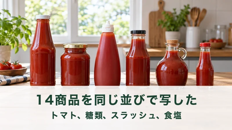 木のテーブルにケチャップの容器がいくつも一列に置かれている