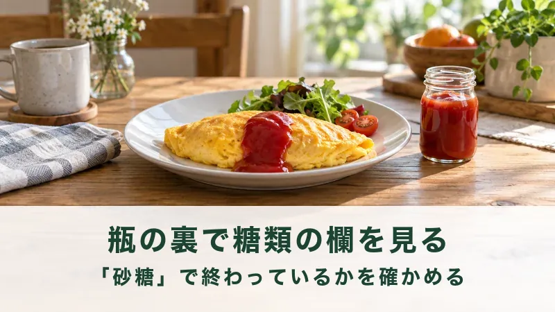 朝の食卓に置かれたオムレツと赤いソースの小瓶