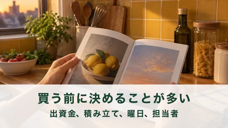 夕方の台所で宅配のカタログを開いて見ている手元