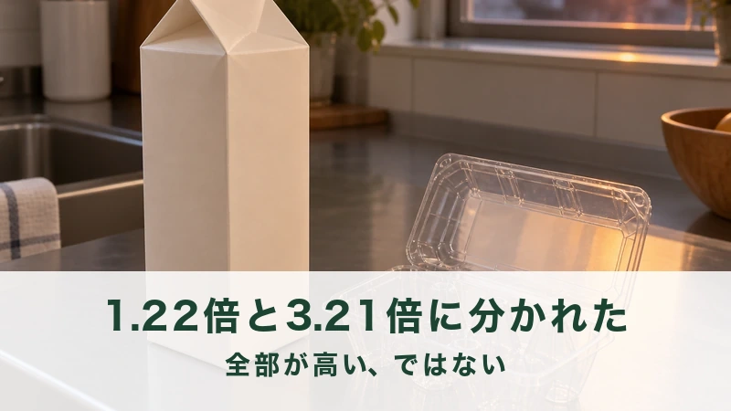 夕方の台所に、空になった牛乳パックと卵の空き容器が置いてある