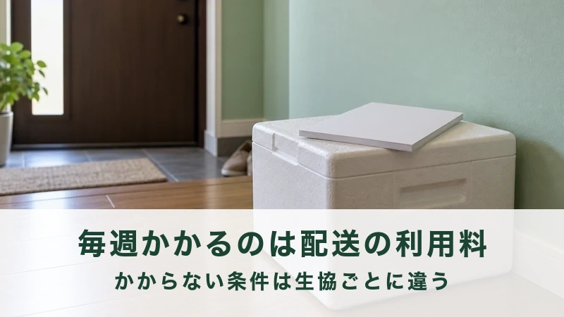 玄関の内側に置かれた保冷箱と、その上のカタログ
