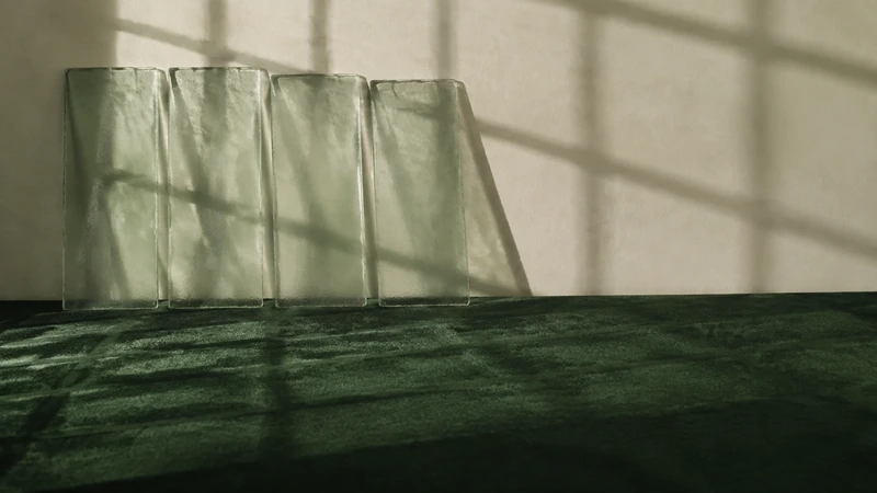 白い壁ぎわに、薄いガラス板が四枚立てて並べてある