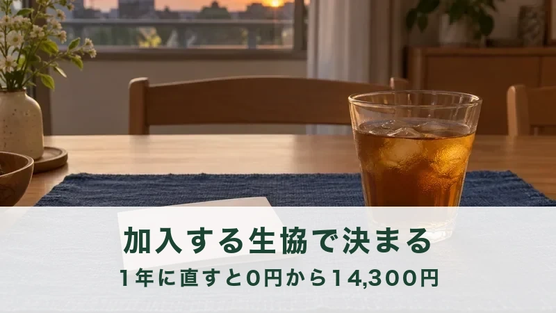 夕方の食卓に、たたんだ注文用紙と麦茶のコップが置いてある