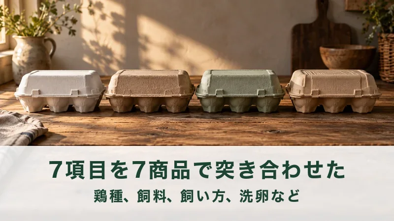 木の台に卵のパックが何種類か横に並んでいる