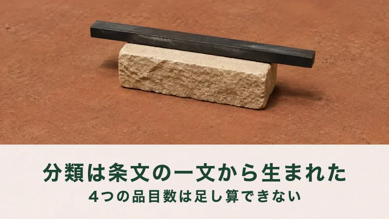 朱色の面に置いた石のブロックの上へ、黒い細長い棒がのっている