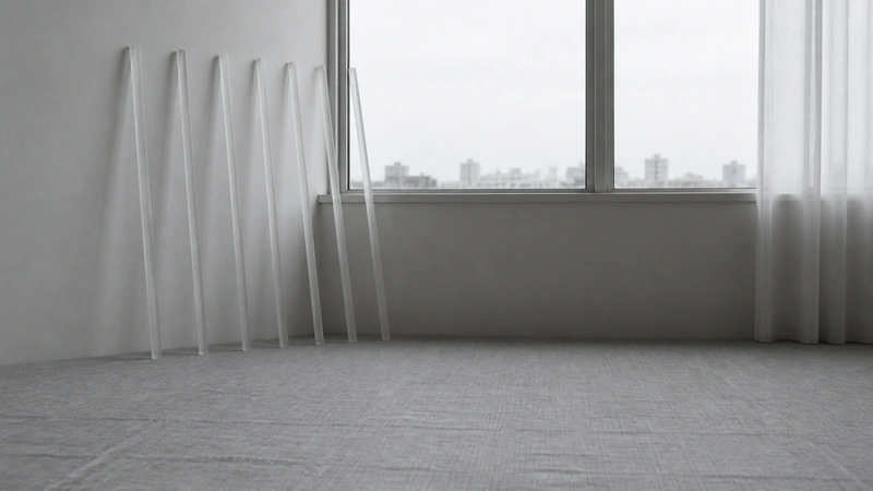 窓ぎわの壁に細い透明な棒を六本立てかけた部屋