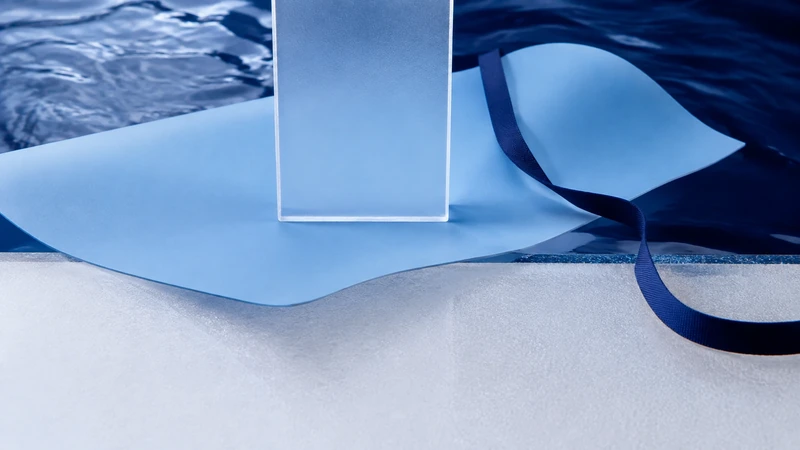 白い面に、水色の薄い板とすりガラスの板が立ててある