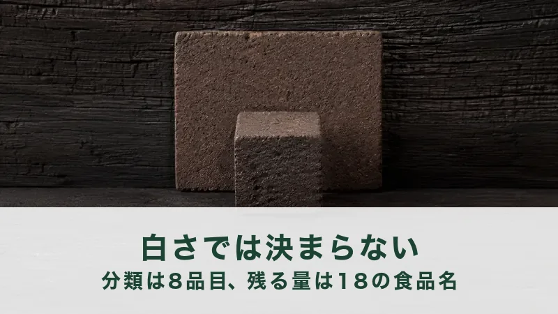 焦げた木の壁を背に、茶色い角材と小さな立方体が並んで置かれた暗い台