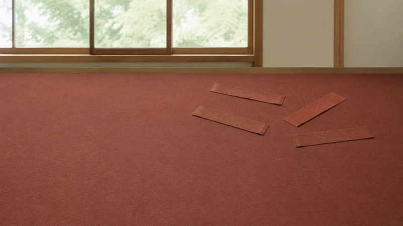 窓のある部屋の赤茶色の床に細長い紙が五枚散らばる