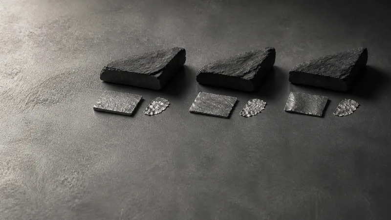 黒い台に黒い石の板が3枚並び銀色の薄片が添えてある