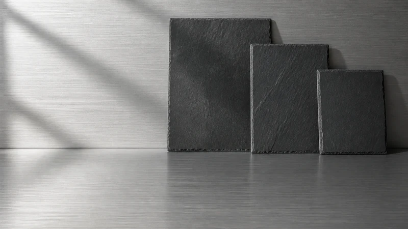 銀の面に大きさの違う黒いスレートが三枚立てかけてある
