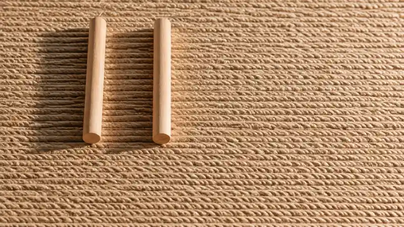 織り目のある面に、白木の丸棒が二本たてに並べてある