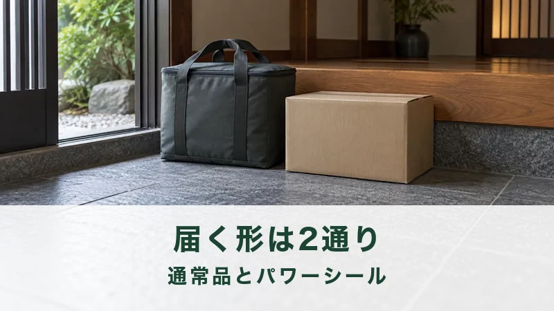 玄関の三和土に置かれた保冷バッグと段ボール箱をならべた場面