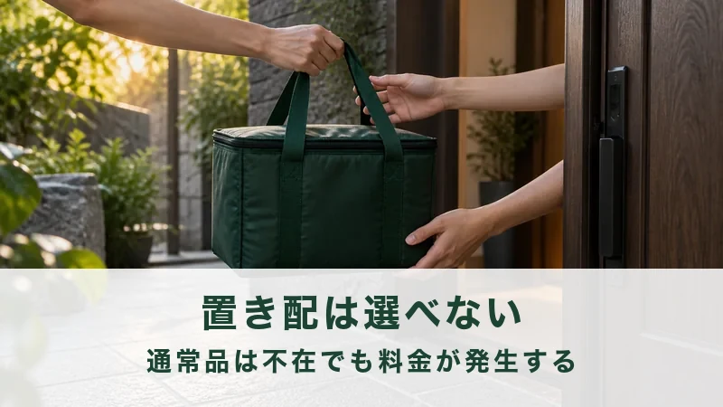 夕方の玄関先で保冷バッグを受け取る手元を横から見た場面
