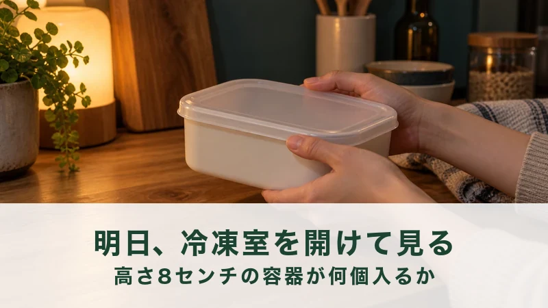 夜の台所で、ふた付き容器を一つだけ手に取っている場面