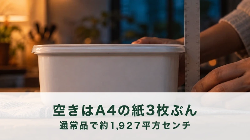 定規を当てた白い保存容器を真横から写している