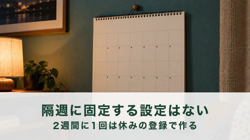 壁掛けカレンダーの一週間おきに小さな印が付いている