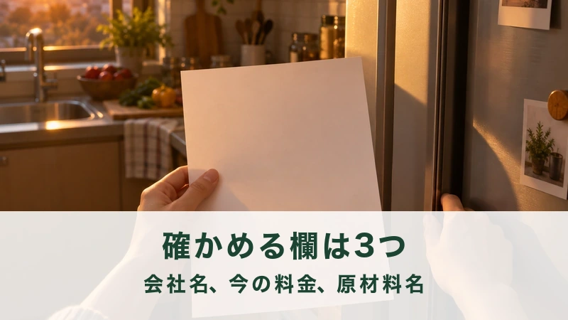 夕方の台所で献立の紙を見ながら冷蔵庫の前に立つ場面