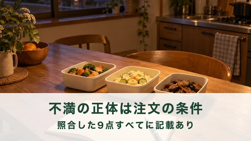 食卓に並んだ惣菜の保存容器3つと、開いたノートとペン