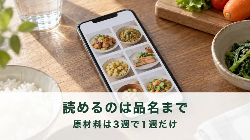 食卓のスマホに献立のページを開いたまま置かれている