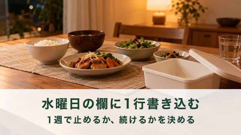 夜の食卓に並んだ器と、ふたを開けた保存容器
