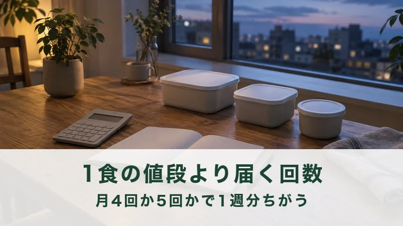 夕暮れの食卓に3つの保存容器と電卓、開いたノートが並んでいる