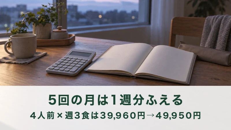 電卓と白紙のノートを広げた夕方の食卓
