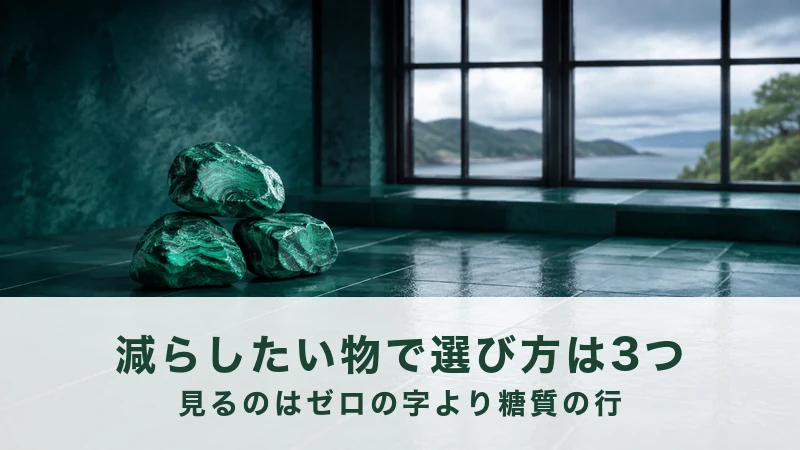 濡れた緑の床に孔雀石の塊を3つ積み、奥の窓から曇り空と入り江が見える